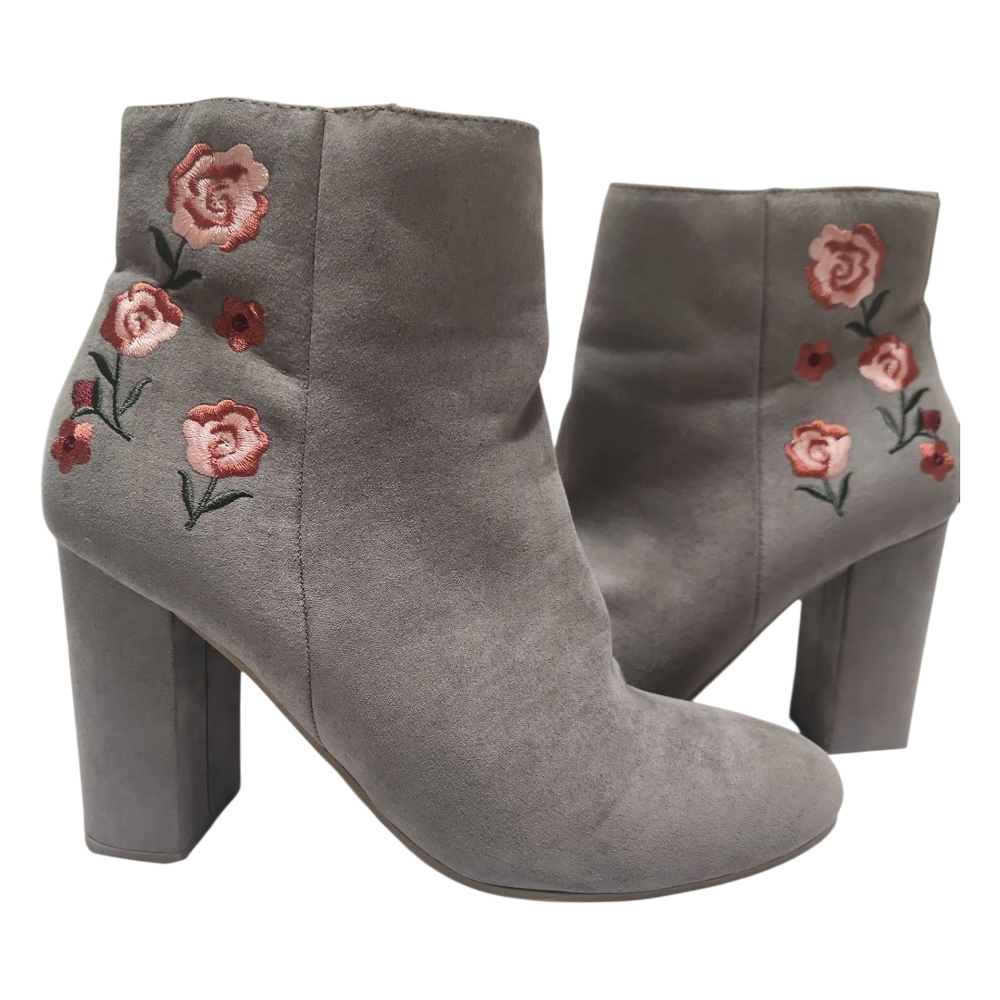 Report Gray Floral Embroidered Suede Ankle Boots Booties Women's Size 7.5 - Picture 6 of 15